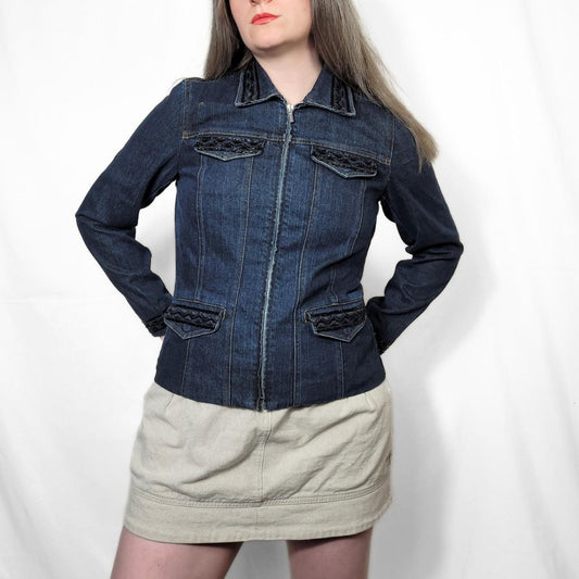 Vintage Y2K Dark Wash Zip Up Denim Jacket With Sequinns