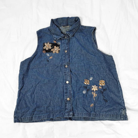 90s Vintage Denim Waistcoat Vest with Floral Embroidery