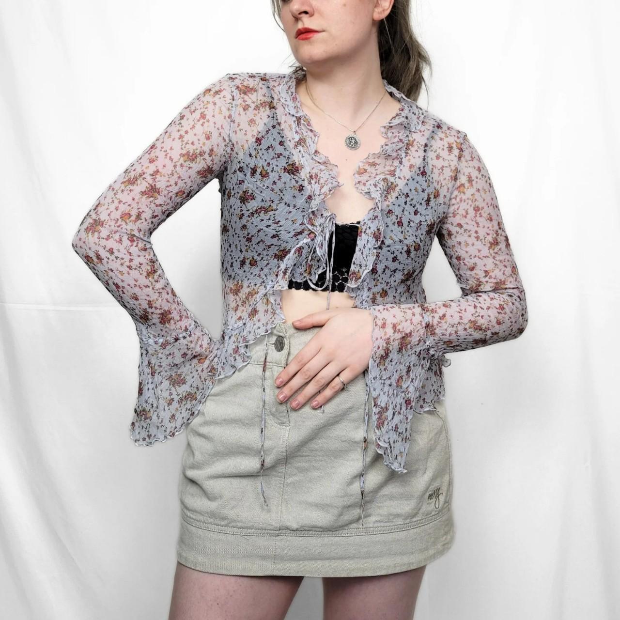 Y2K Blue Floral Mesh Long Sleeve Top with Tie Front