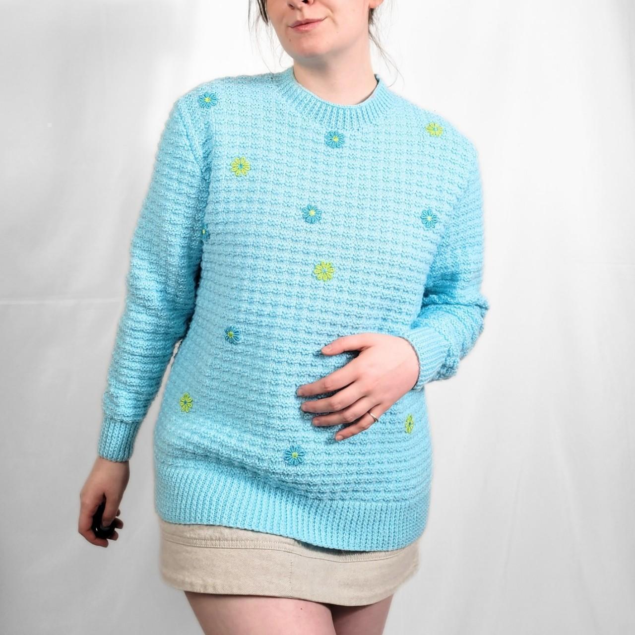 Vintage 70s Light Blue Floral Knitted Jumper