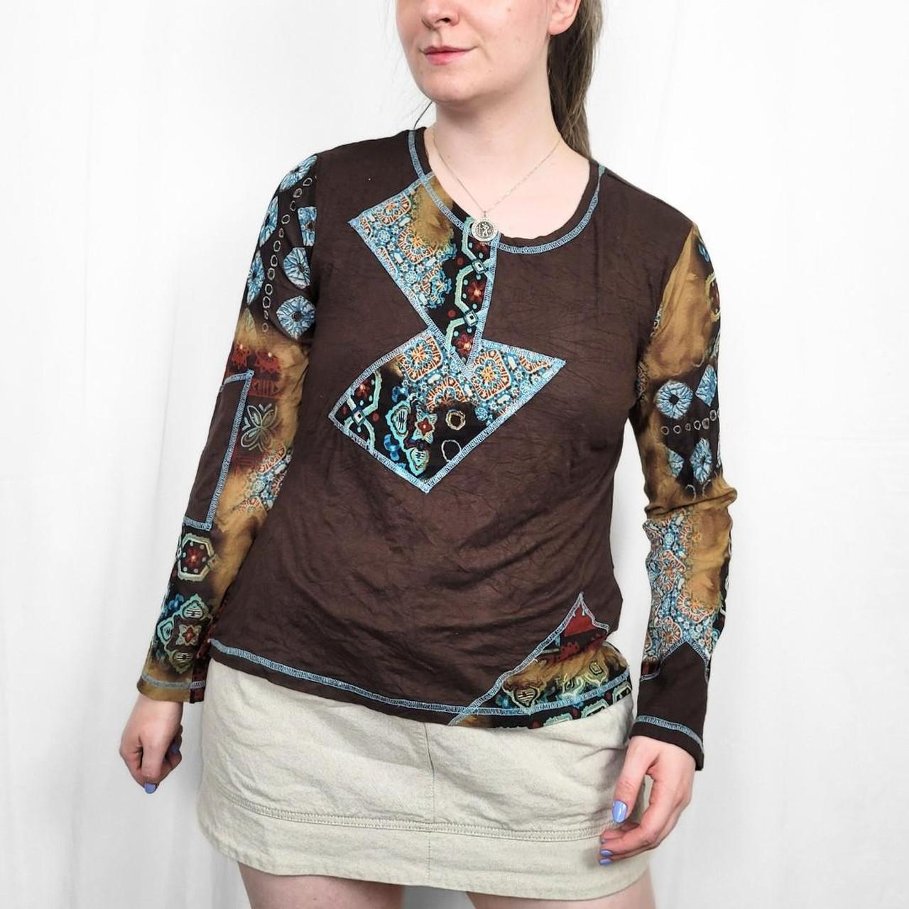 Y2K Brown & Blue Long Sleeve Mesh Top with Funky Design