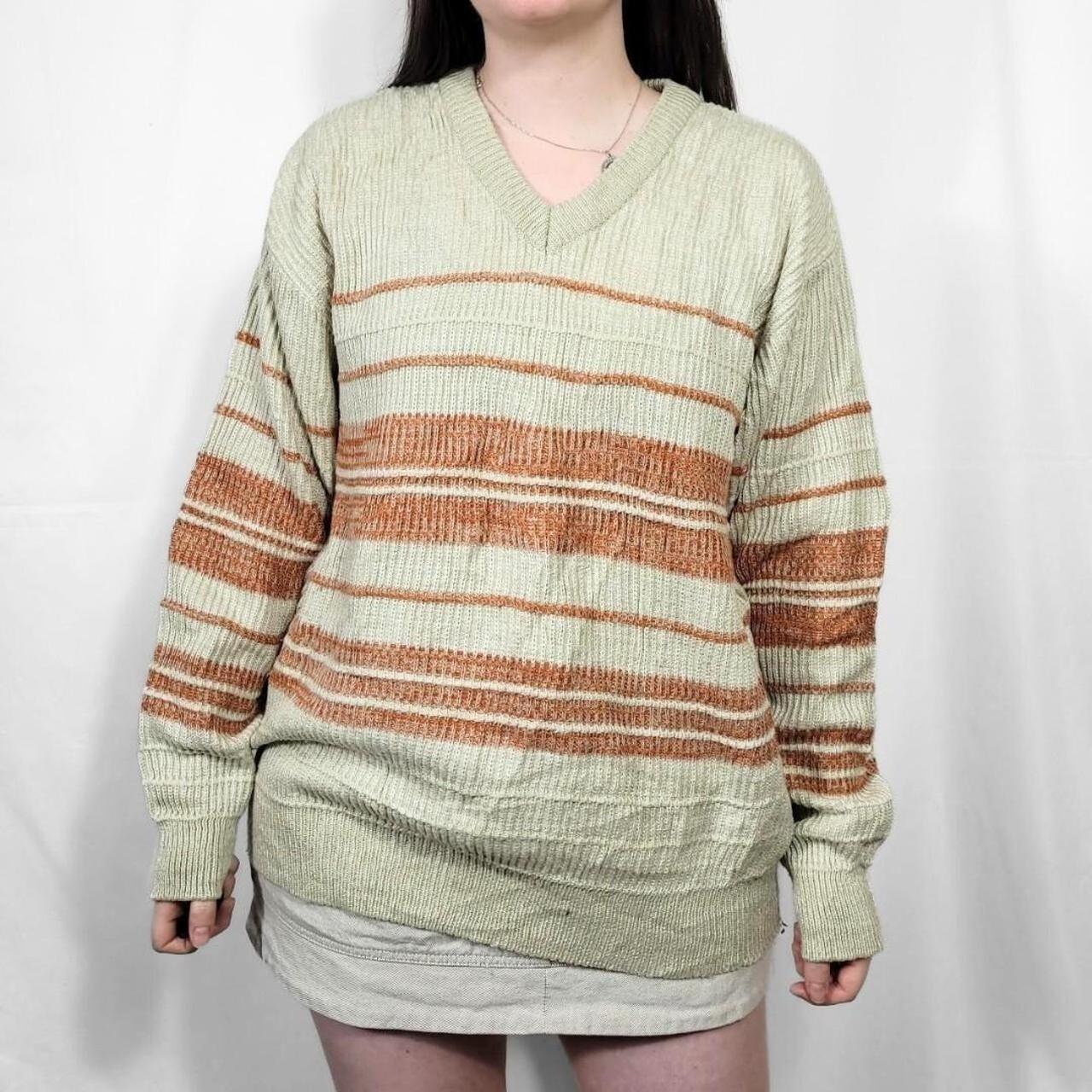 Vintage 80s Cream Striped Knit V Neck Jumper
