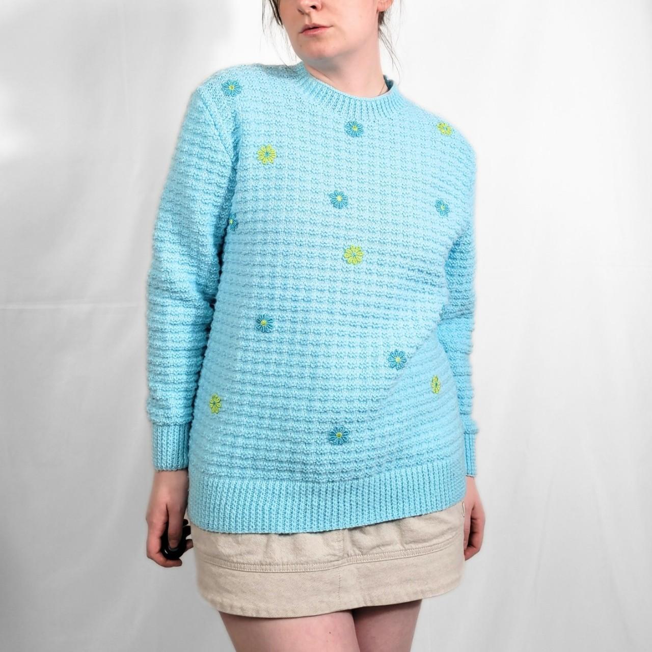 Vintage 70s Light Blue Floral Knitted Jumper