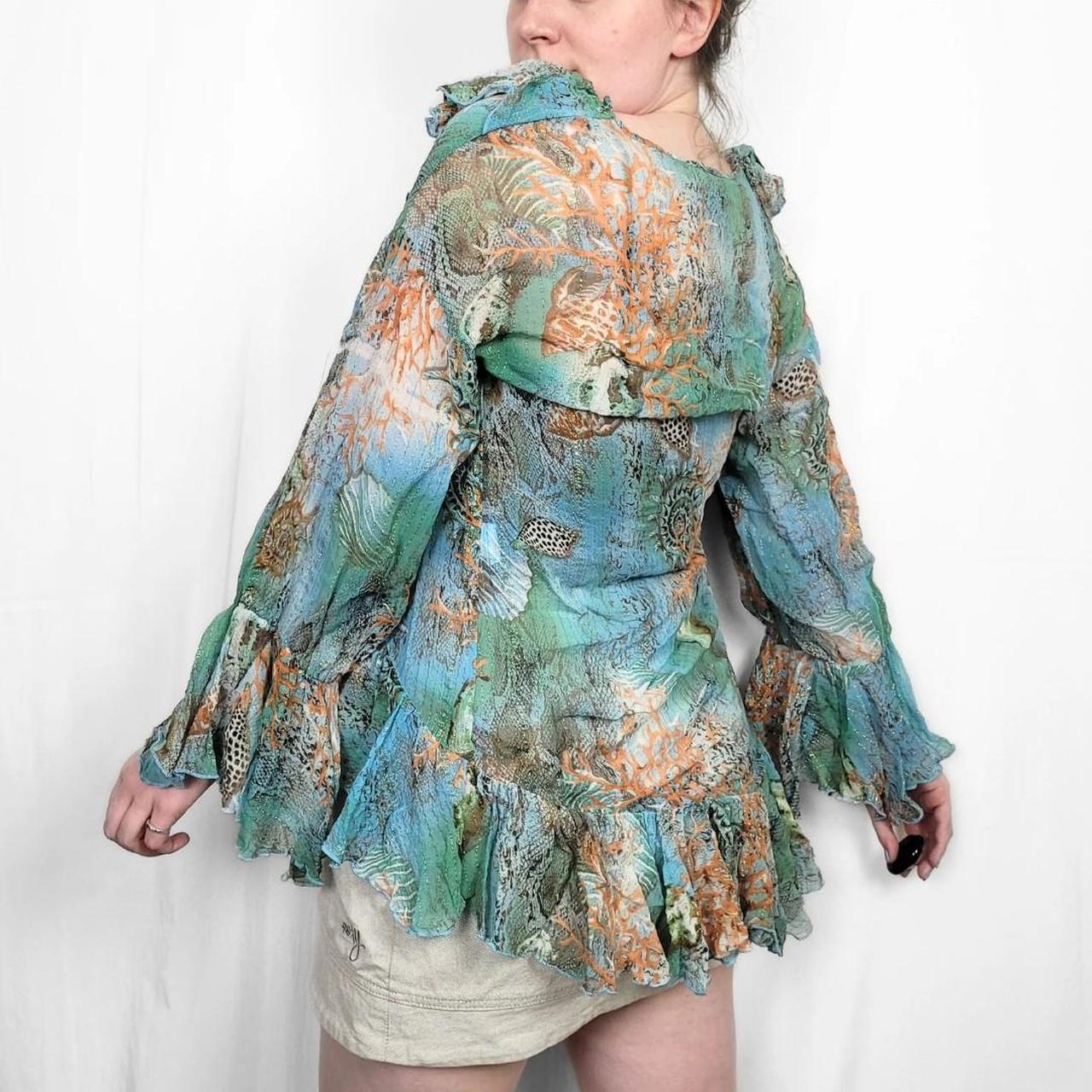 Y2K Multi-Coloured Mesh Blouse with Ruffle Sleeves & Neckline