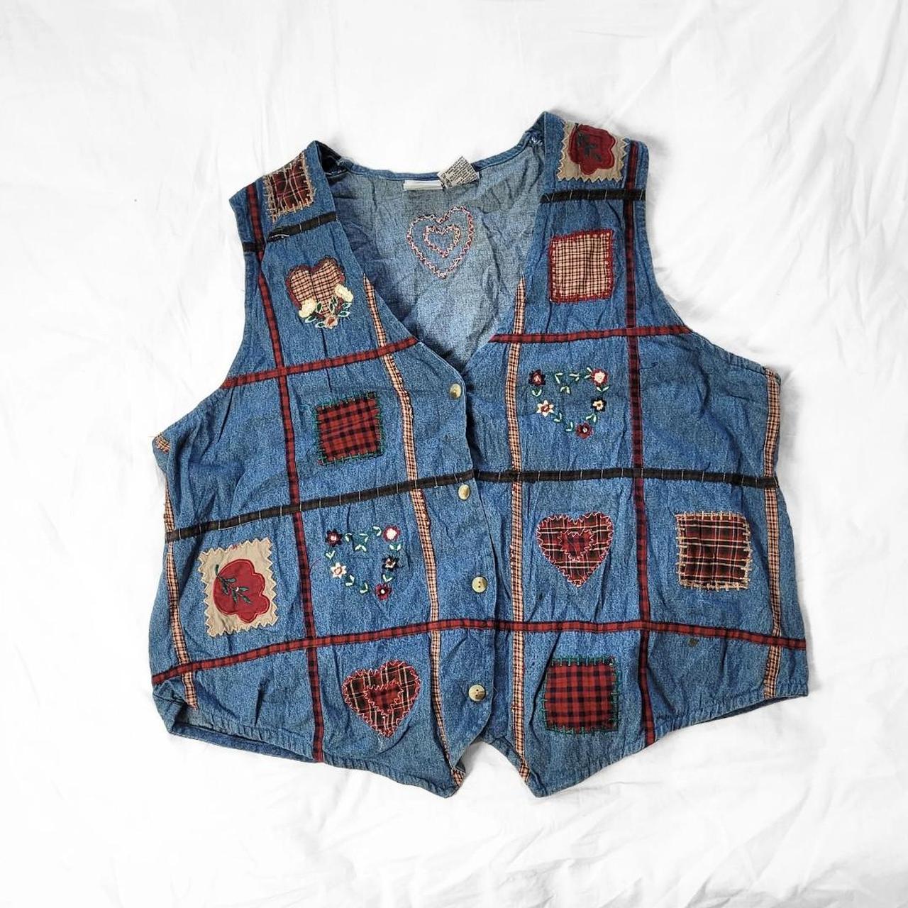 Vintage 90s Patchwork Embroidered Denim Waistcoat – Heart Detail