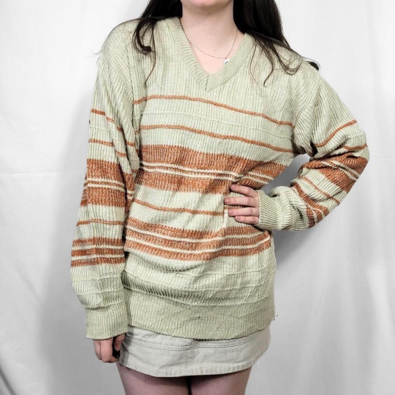 Vintage 80s Cream Striped Knit V Neck Jumper
