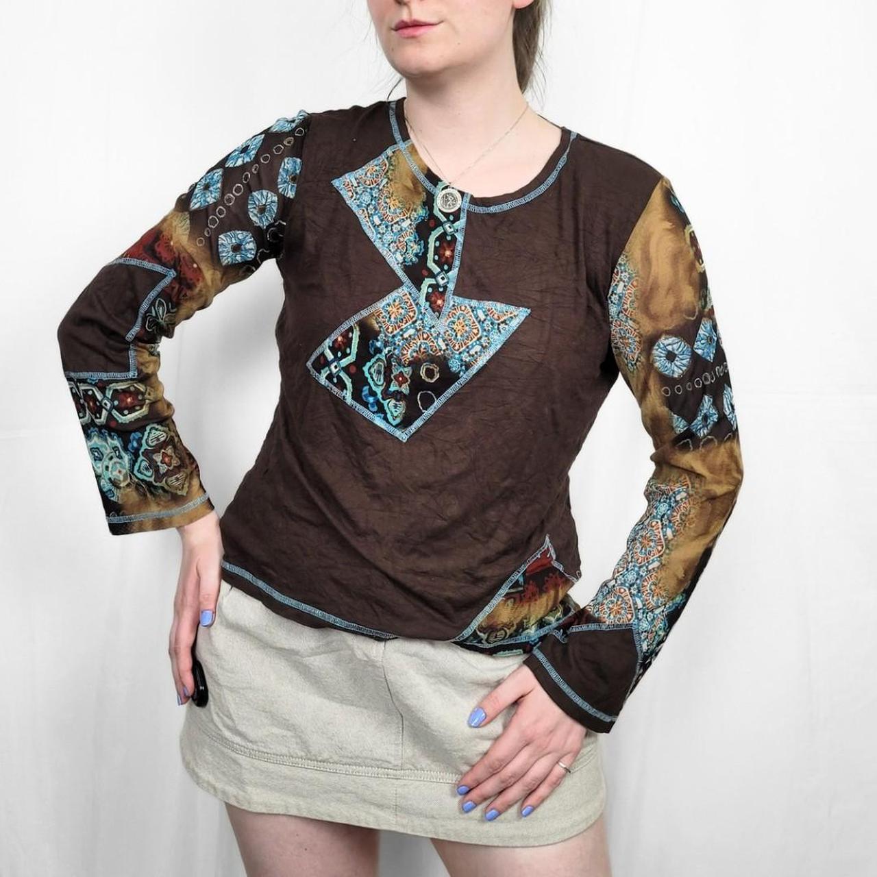 Y2K Brown & Blue Long Sleeve Mesh Top with Funky Design