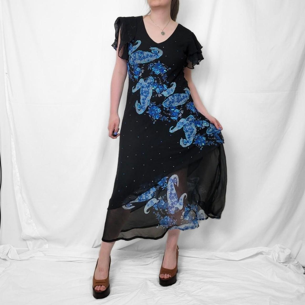 Y2K Black & Blue Floral Mesh Midi Dress