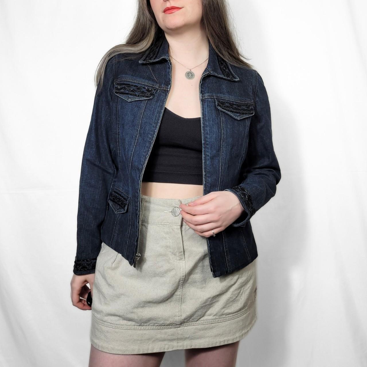 Vintage Y2K Dark Wash Zip Up Denim Jacket With Sequinns