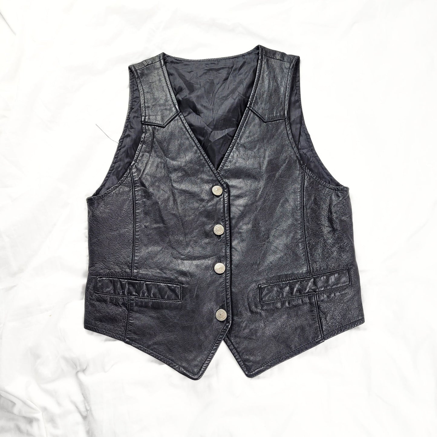 Vintage Black Leather Vest Waistcoat Biker 90s Grunge Y2K Rocker