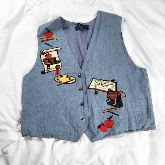 Vintage 90s Denim Vest – Embroidered School Graphics