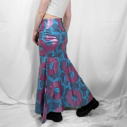 Vintage Y2K Blue & Pink Graphic Fishtail Maxi Skirt – Handmade Beauty