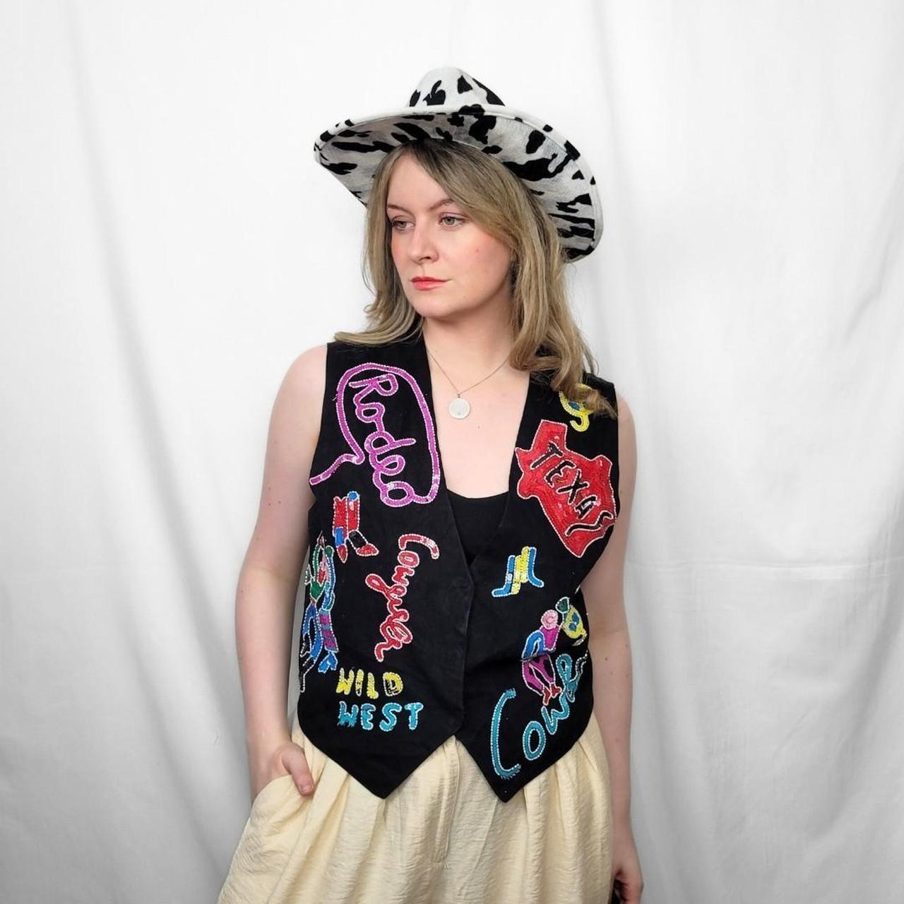 Y2K Black Neon Embroidery Waistcoat S Western – Wild West Cowgirl Graffiti Festival Rodeo Texas Size 8