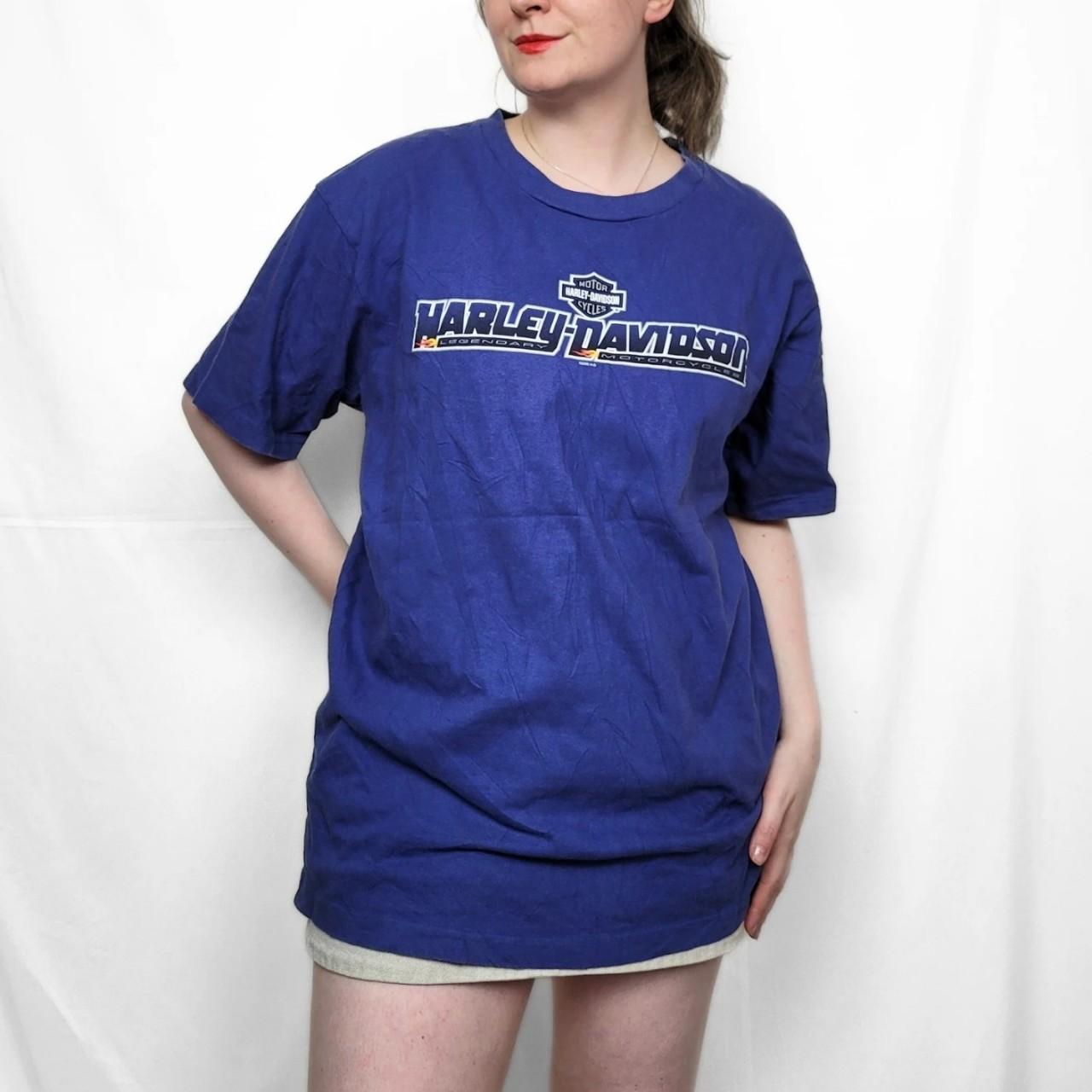 Vintage Y2K Harley Davidson Blue Spell Out Graphic Print T Shirt