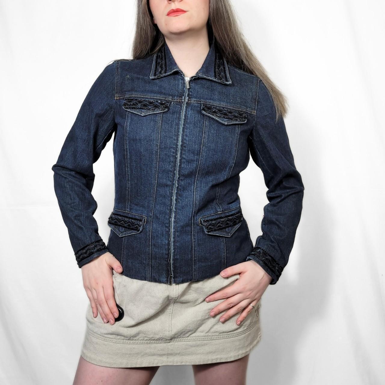 Vintage Y2K Dark Wash Zip Up Denim Jacket With Sequinns