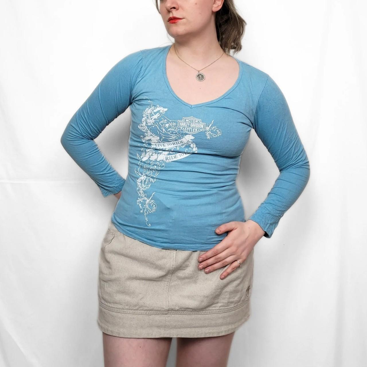 Vintage Y2K Harley Davidson Graphic Baby Blue Long Sleeve Top