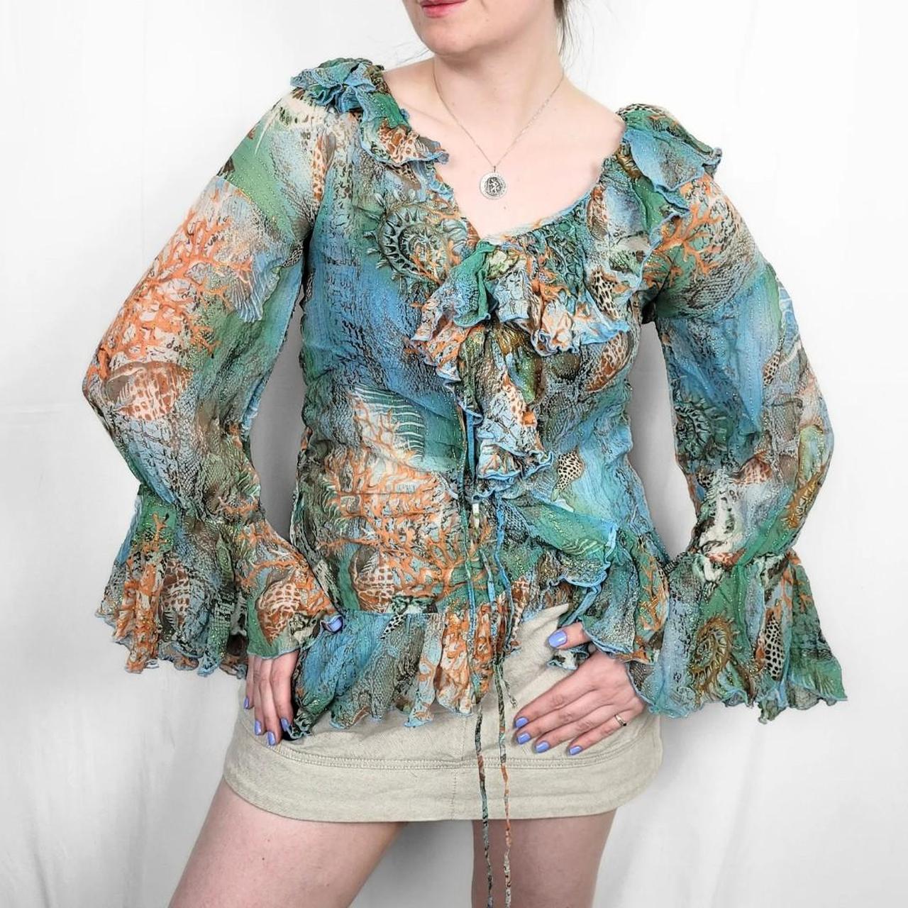 Y2K Multi-Coloured Mesh Blouse with Ruffle Sleeves & Neckline