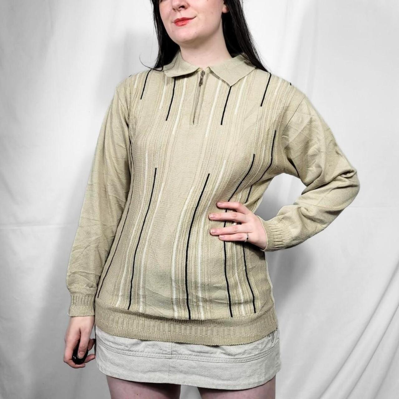1990s Tan & Black Stripe Quarter Zip Knit Jumper