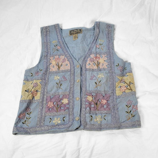 Vintage 90s Pastel Floral Embroidered Denim Waistcoat