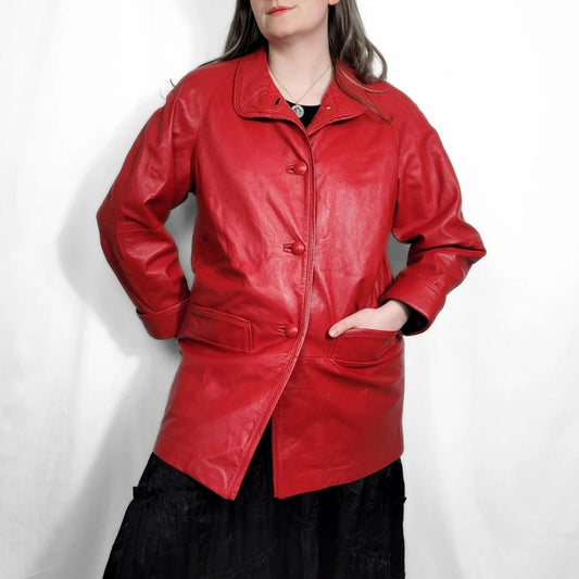 Vintage 80s Red Leather Blazer Jacket / Coat