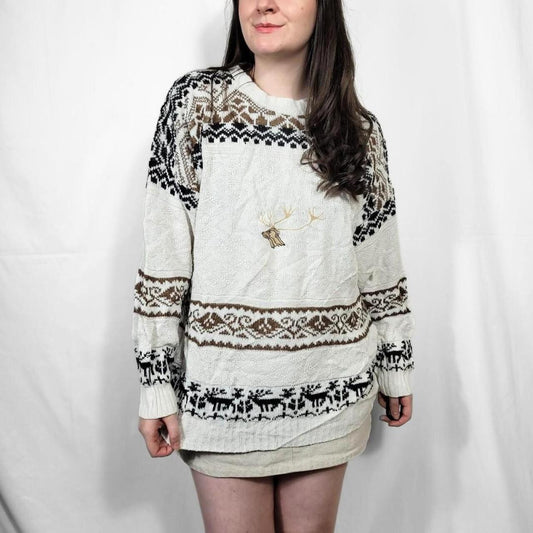 Vintage 90s White Deer Pattern Knit Jumper