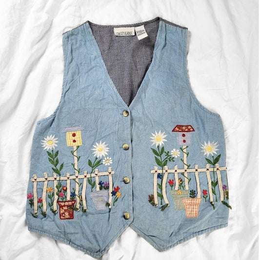 Vintage 90s Denim Waistcoat – Blue Floral Garden Embroidery