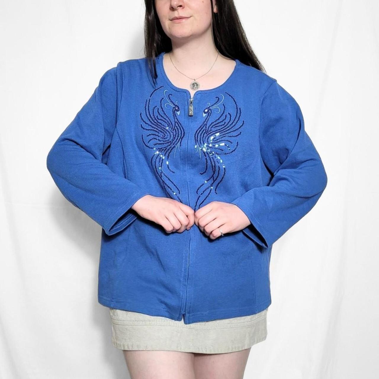 Vintage 90s Bob Mackie Blue Peacock Zip Up Knit Cardigan