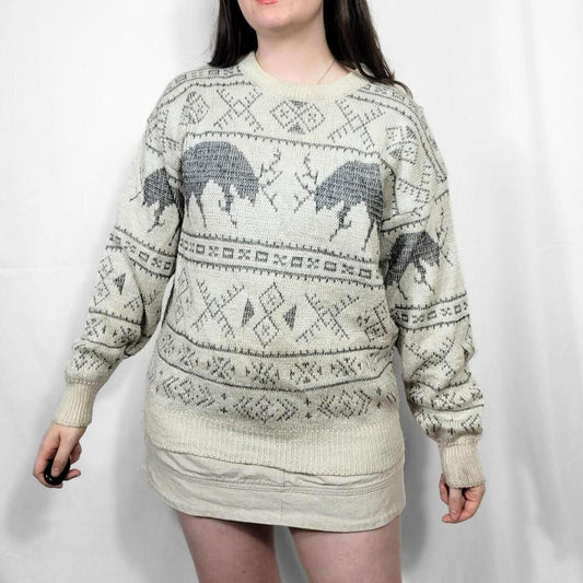 Vintage 90s Cream Reindeer Pattern Knit Jumper