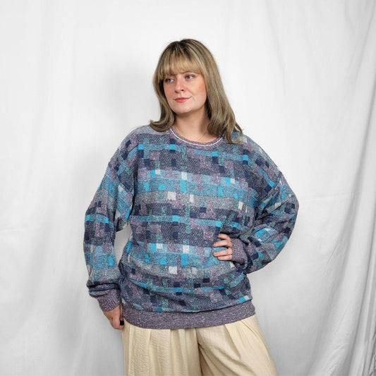 Vintage 90s Blue Retro Graphic Print Knit Jumper