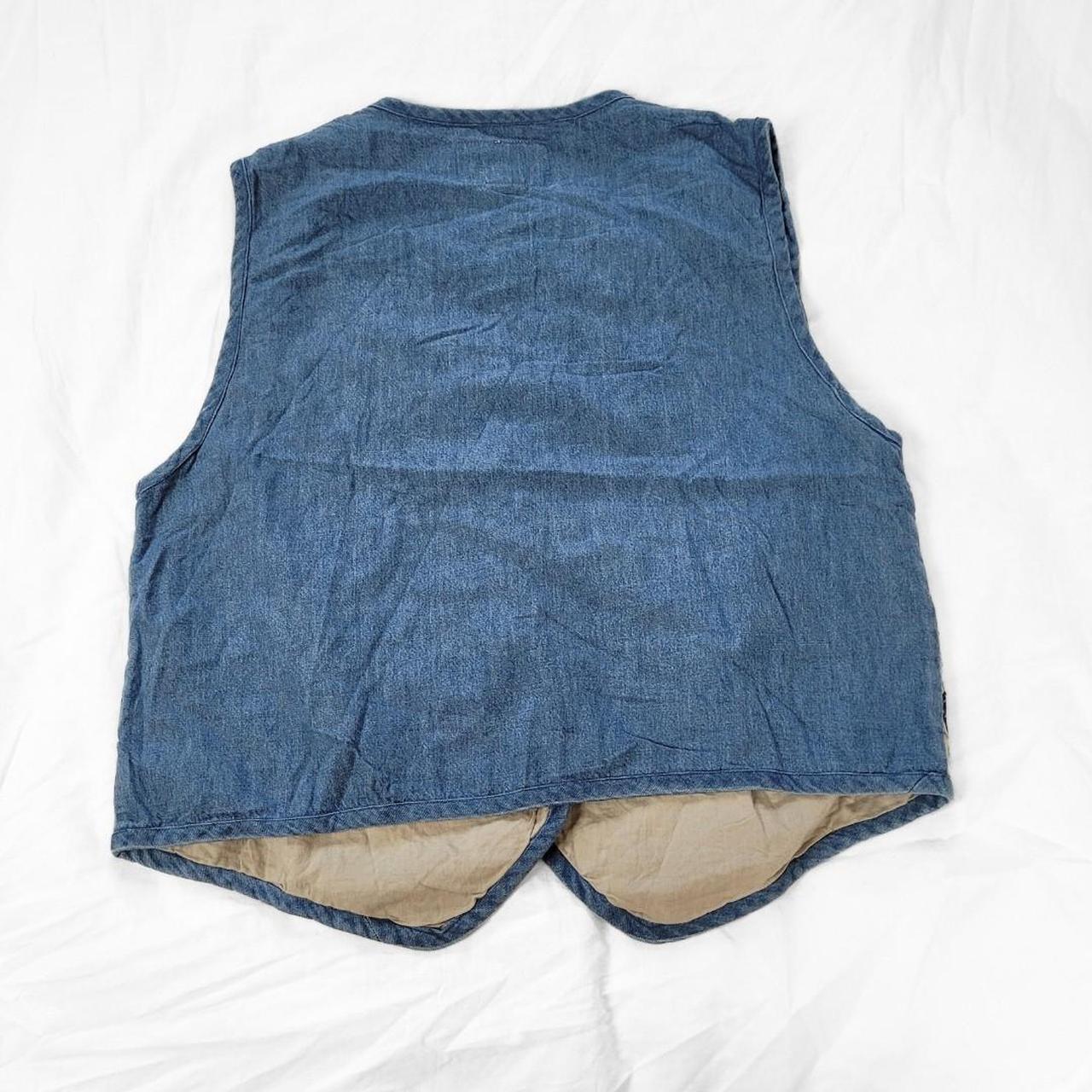 Vintage 90s Denim Waistcoat Vest – Beige & Blue Embroidered Diamonds + Floral
