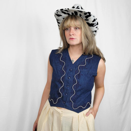 Vintage 90s Western Blue Denim Swirl Waistcoat