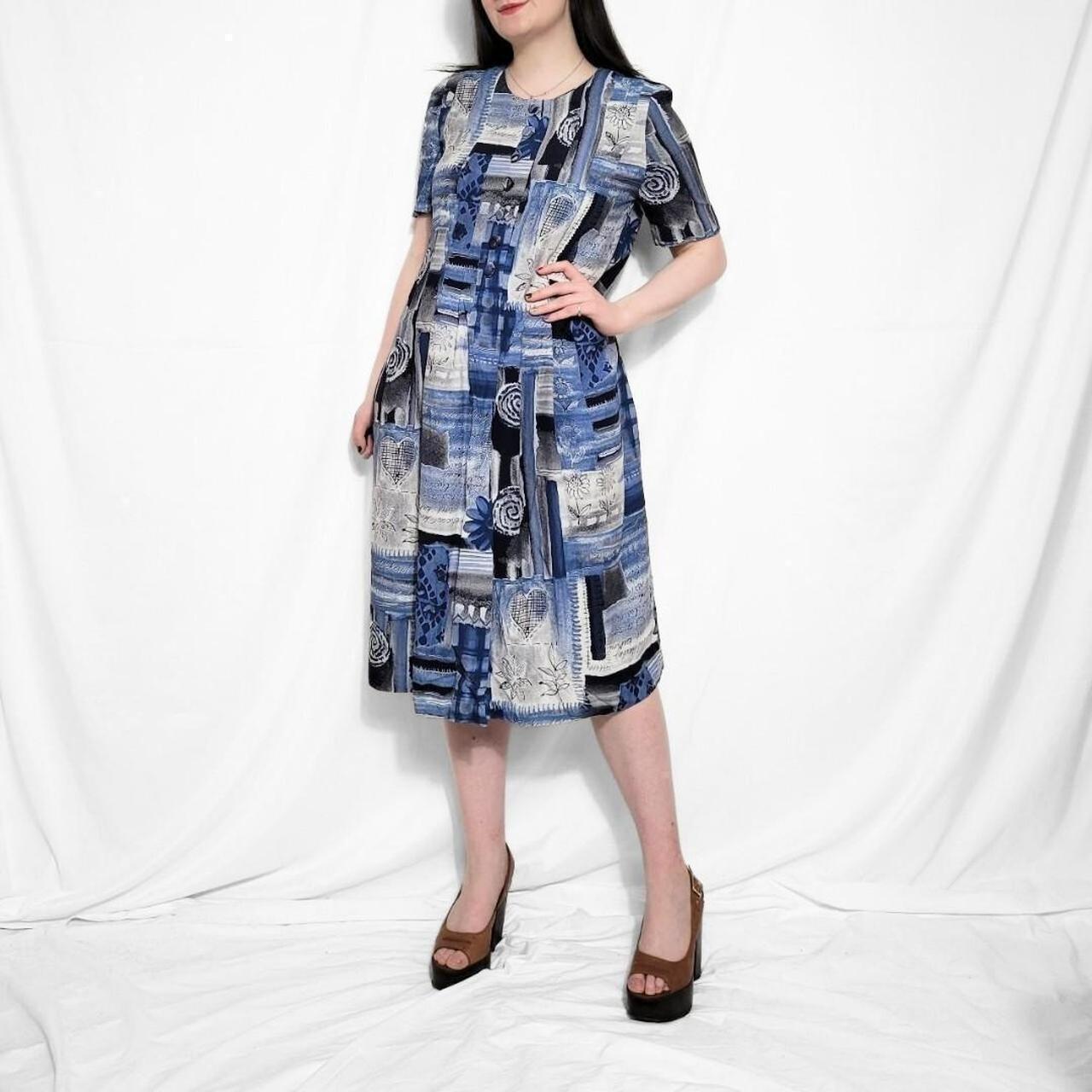 Vintage 90s Blue & White Floral Print Midi Tea Dress – Handmade