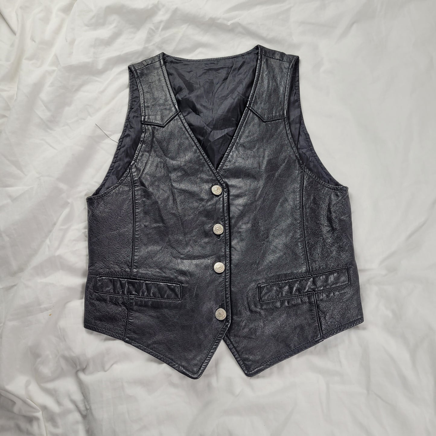 Vintage Black Leather Vest Waistcoat Biker 90s Grunge Y2K Rocker
