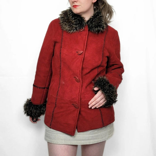 Vintage Y2K Red Faux Fur Suede Afghan Jacket
