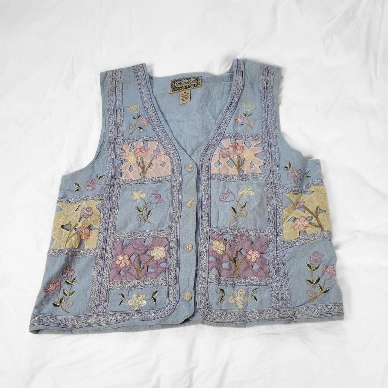 Vintage 90s Pastel Floral Embroidered Denim Waistcoat