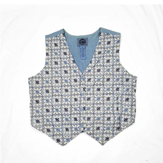 Vintage 90s White & Blue Floral Embroidered Denim & Cotton Vest | Size M