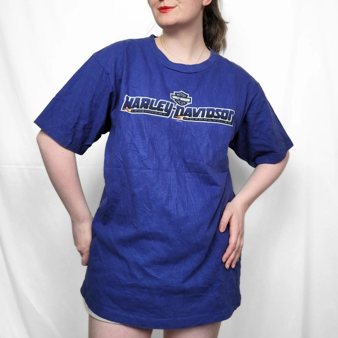 Vintage Y2K Harley Davidson Blue Spell Out Graphic Print T Shirt