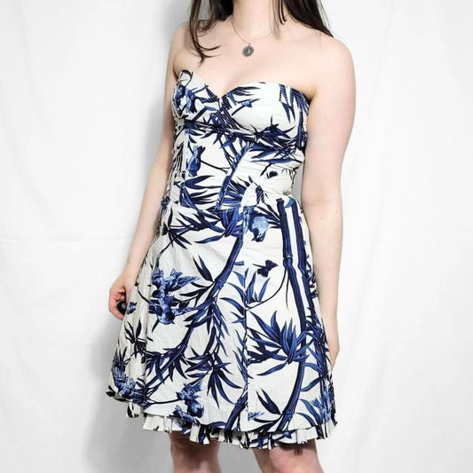 Vintage Y2K Blue & White Strapless Floral Mini Dress
