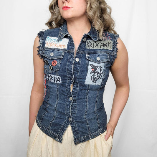 Vintage 90s Denim Waistcoat – Miss Sixty DIY Punk Graphics, Studs & Badges