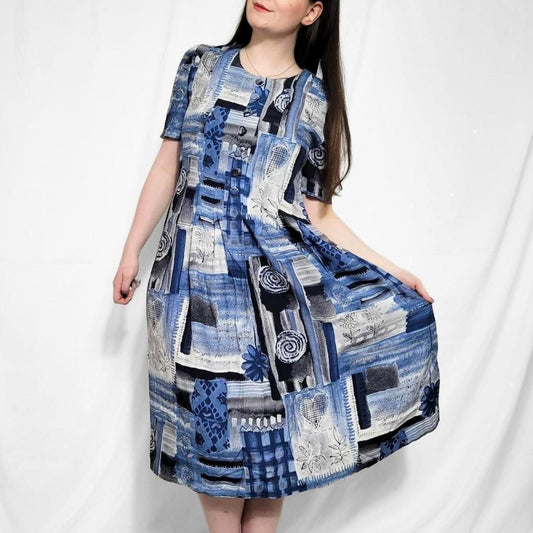 Vintage 90s Blue & White Floral Print Midi Tea Dress – Handmade