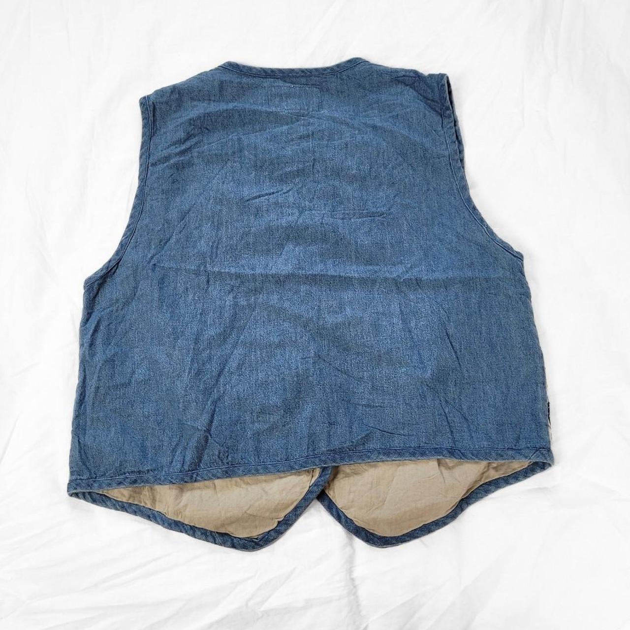 Vintage 90s Denim Waistcoat Vest – Beige & Blue Embroidered Diamonds + Floral